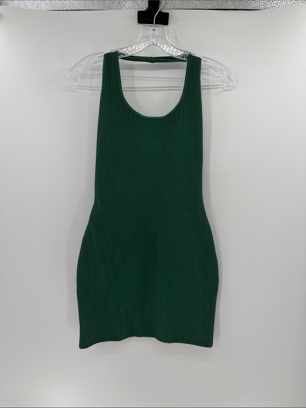 Babaton Sculpt Knit Backless Halter Dress - Green Ribbed - Small